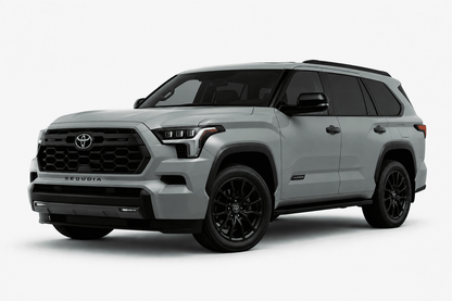 A light gray Toyota Sequoia SUV with black wheels, black trim, and a black front grille, shown from a three-quarter front angle on a light gray studio background.