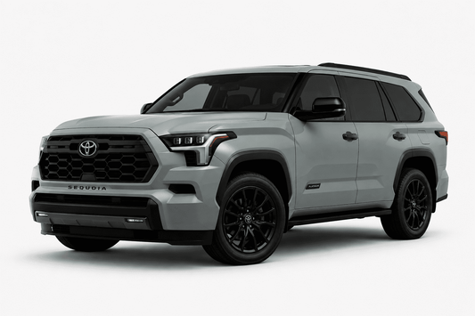 A light gray Toyota Sequoia SUV with black wheels, black trim, and a black front grille, shown from a three-quarter front angle on a light gray studio background.