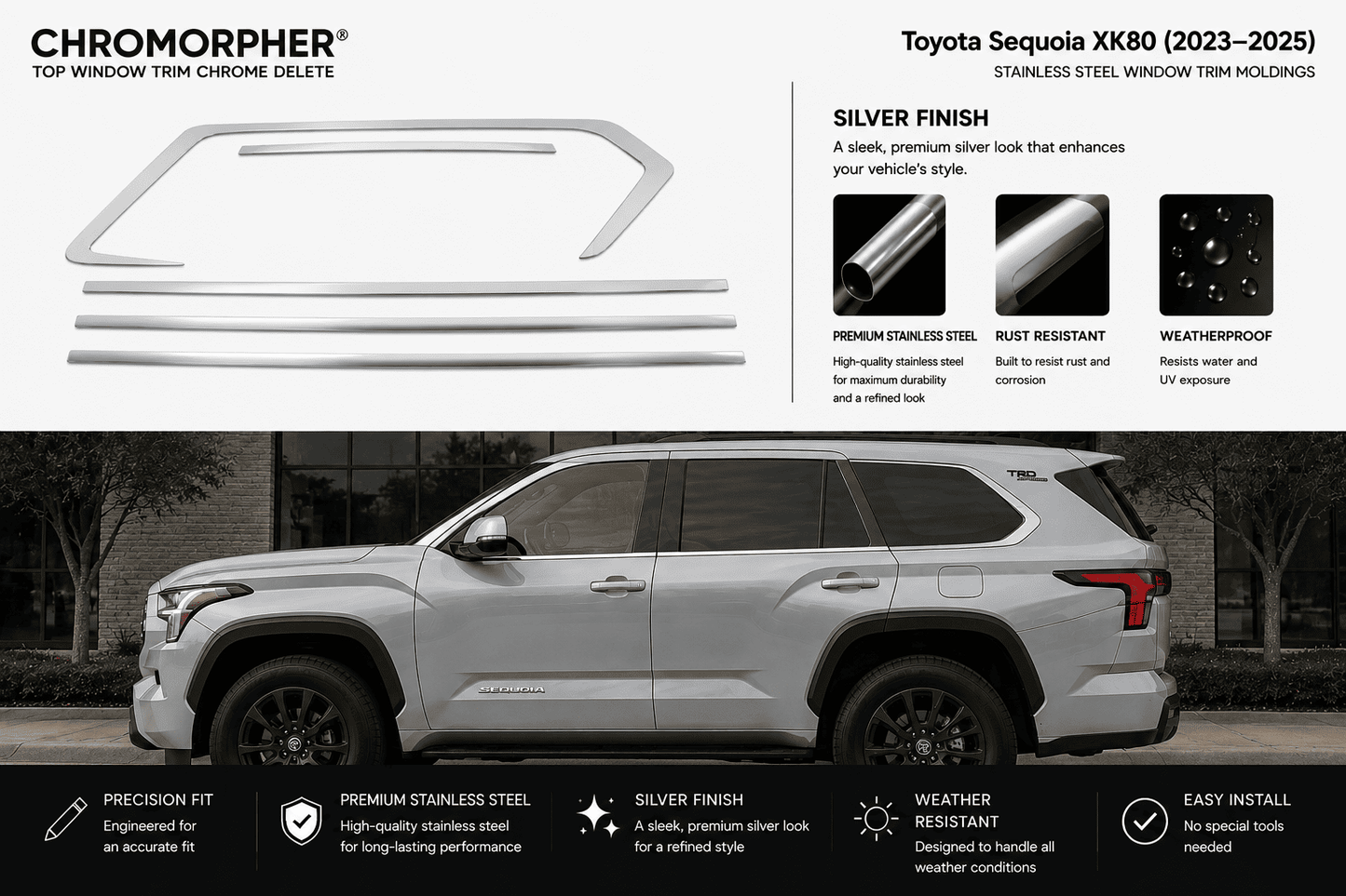 Chrome Morpher top window trim chrome delete kit for a Toyota Sequoia XK8 (2023-2025) in silver finish, shown with the trim pieces and product features on a white background with a vehicle photo at the bottom.