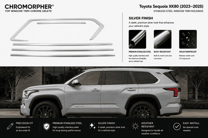 Chrome Morpher top window trim chrome delete kit for a Toyota Sequoia XK8 (2023-2025) in silver finish, shown with the trim pieces and product features on a white background with a vehicle photo at the bottom.