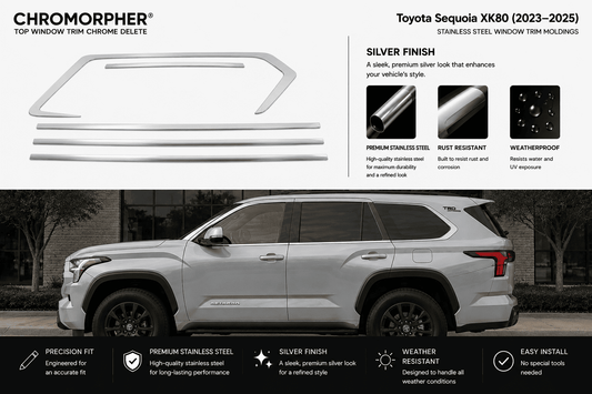 Chrome Morpher top window trim chrome delete kit for a Toyota Sequoia XK8 (2023-2025) in silver finish, shown with the trim pieces and product features on a white background with a vehicle photo at the bottom.