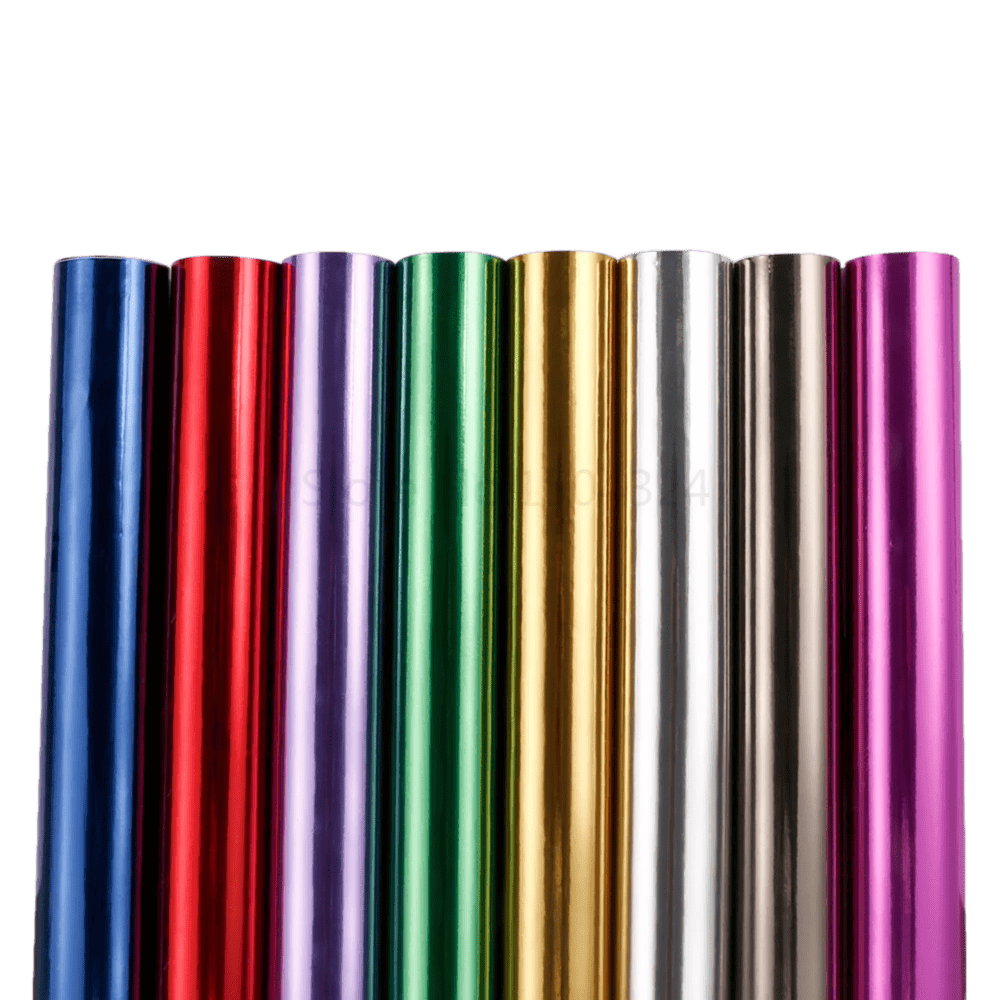 Close-up of a vibrant collection of Chrome Mirror Vinyl rolls in bold colors like red, blue, green, gold, purple, silver, and bronze, showcasing their reflective, glossy finish for vehicle customization and decoration.