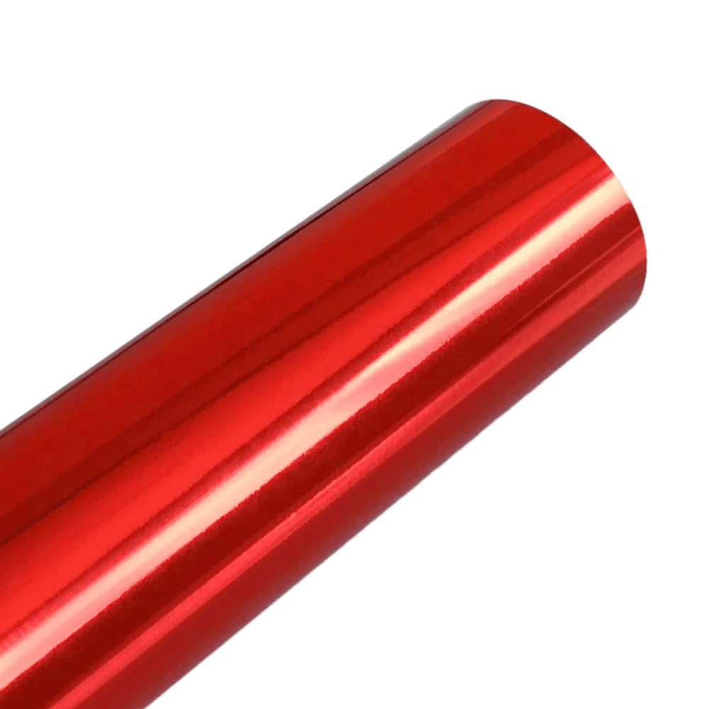 A bold and vibrant red Chrome Mirror Vinyl roll with a glossy, reflective surface, perfect for enhancing vehicles, accessories, and creative projects with a striking finish.