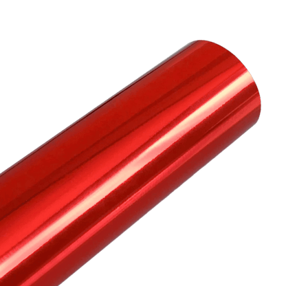 A bold and vibrant red Chrome Mirror Vinyl roll with a glossy, reflective surface, perfect for enhancing vehicles, accessories, and creative projects with a striking finish.