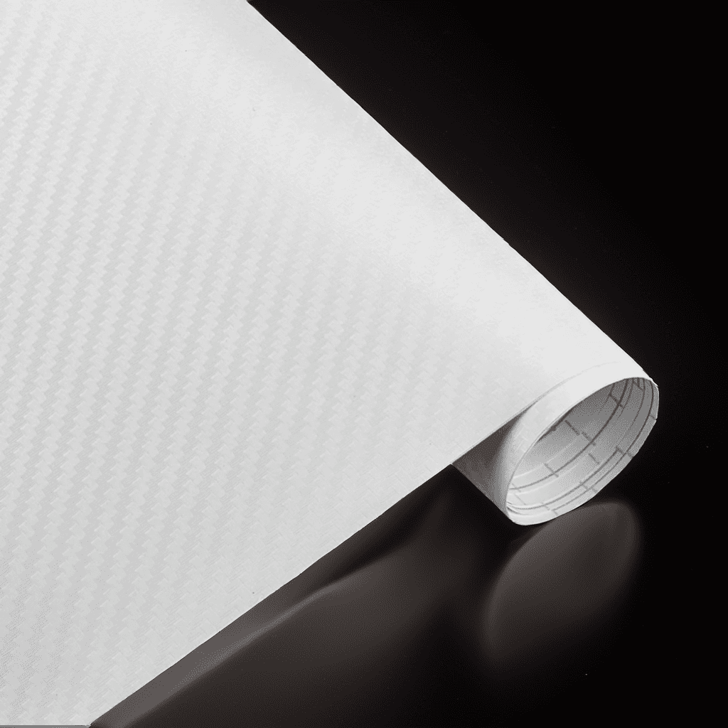 A roll of ChroMorpher carbon fiber vinyl in white, showcasing a realistic 3D carbon fiber texture for a clean and modern finish, ideal for vehicles and other customizable surfaces.