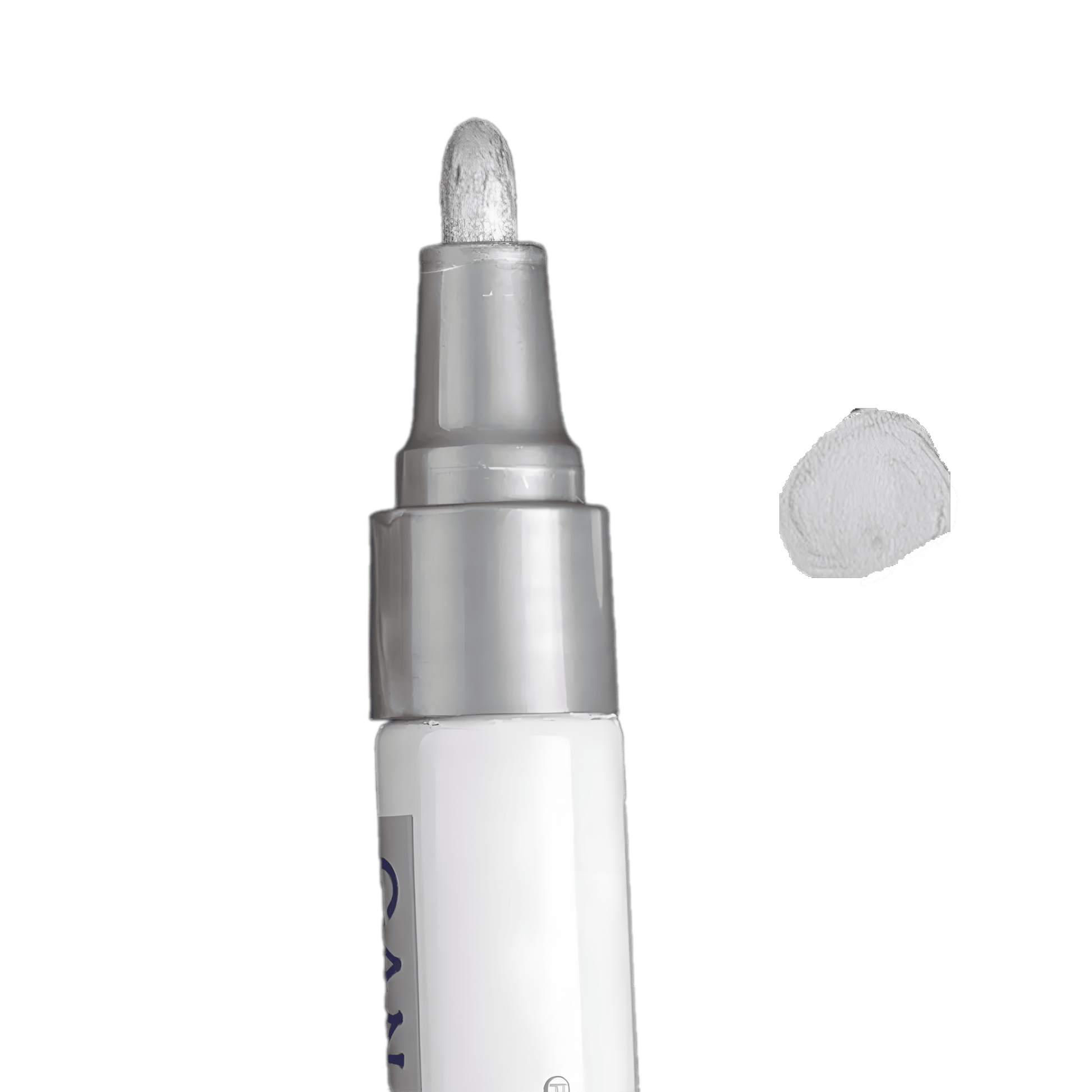 Close-up of a white tire lettering paint pen with a rounded tip for precise application. A sample white paint mark is visible next to the pen, showcasing its smooth and opaque coverage. Ideal for customizing tires on cars, motorcycles, and bicycles, this waterproof and long-lasting paint pen enhances the look of vehicle tires with bold, high-contrast lettering.