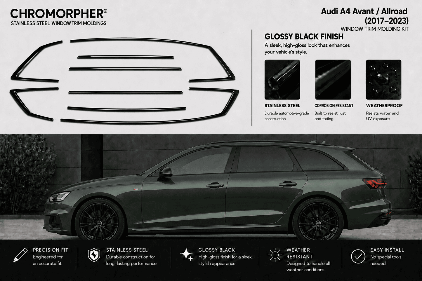 Chromorphor Audi A4 Avant / Allroad stainless steel window trim holding kit in glossy black finish, shown with a side-view car on a dark gray background and feature callouts.