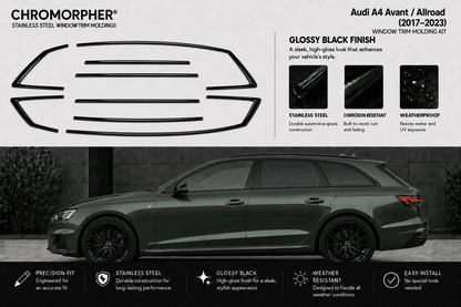 Chromorphor Audi A4 Avant / Allroad stainless steel window trim holding kit in glossy black finish, shown with a side-view car on a dark gray background and feature callouts.