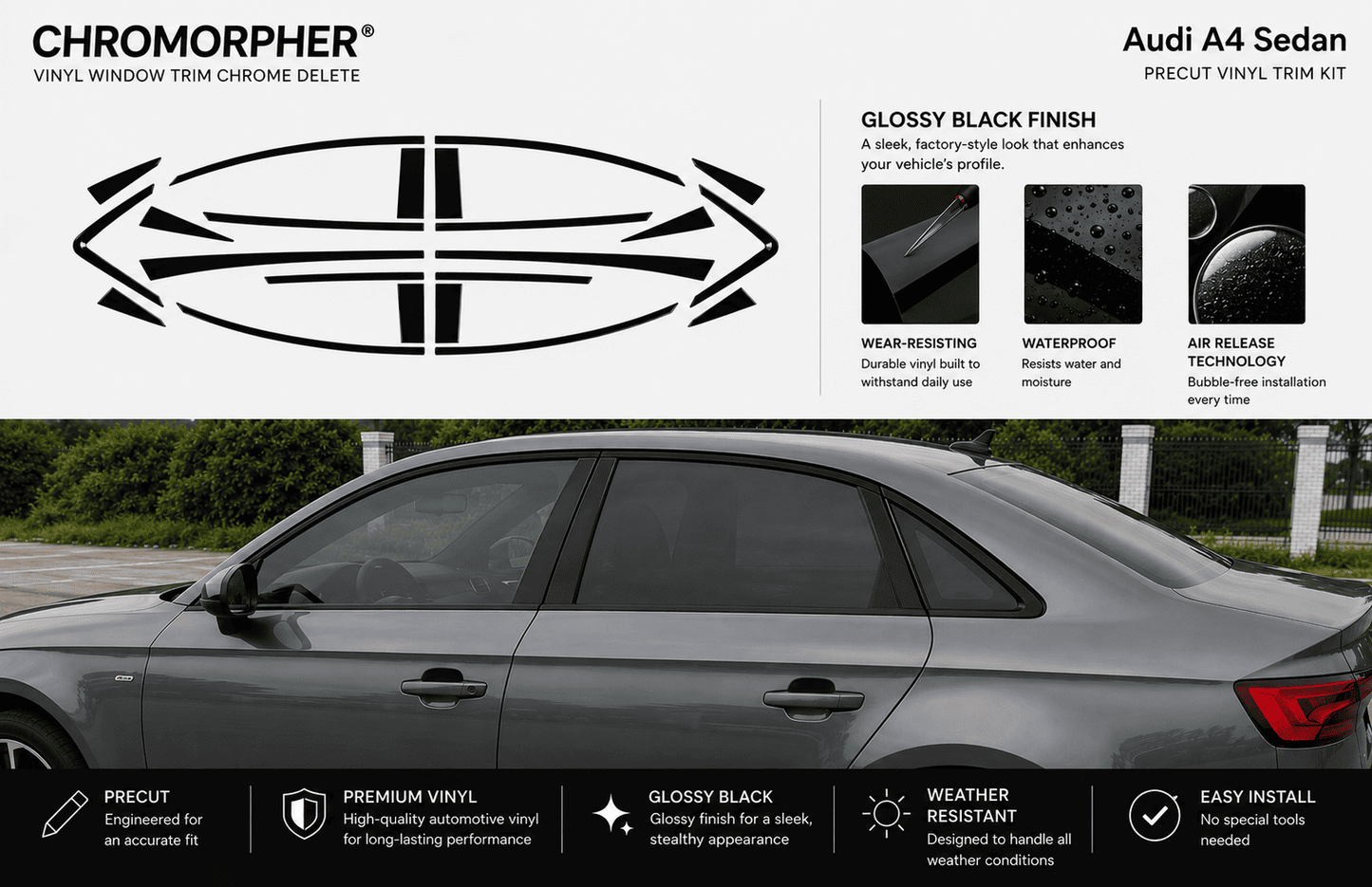 ChroMorpher Audi A4/S4 B9 Precut Chrome Delete Kit (2017–2025) - ChroMorpher