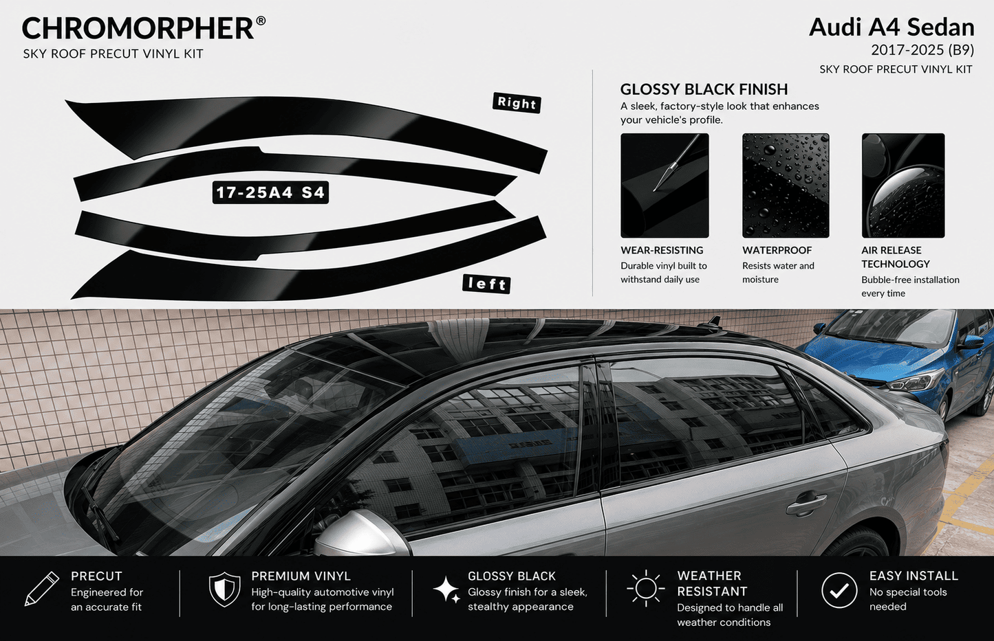 ChroMorpher Audi A4/S4 B9 Precut Chrome Delete Kit (2017–2025) - ChroMorpher