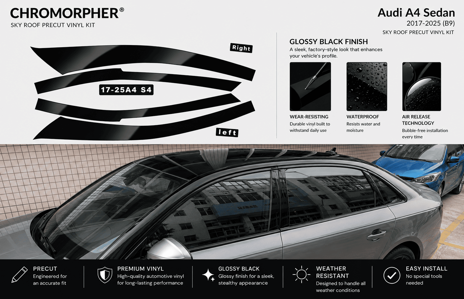 ChroMorpher Audi A4/S4 B9 Precut Chrome Delete Kit (2017–2025) - ChroMorpher