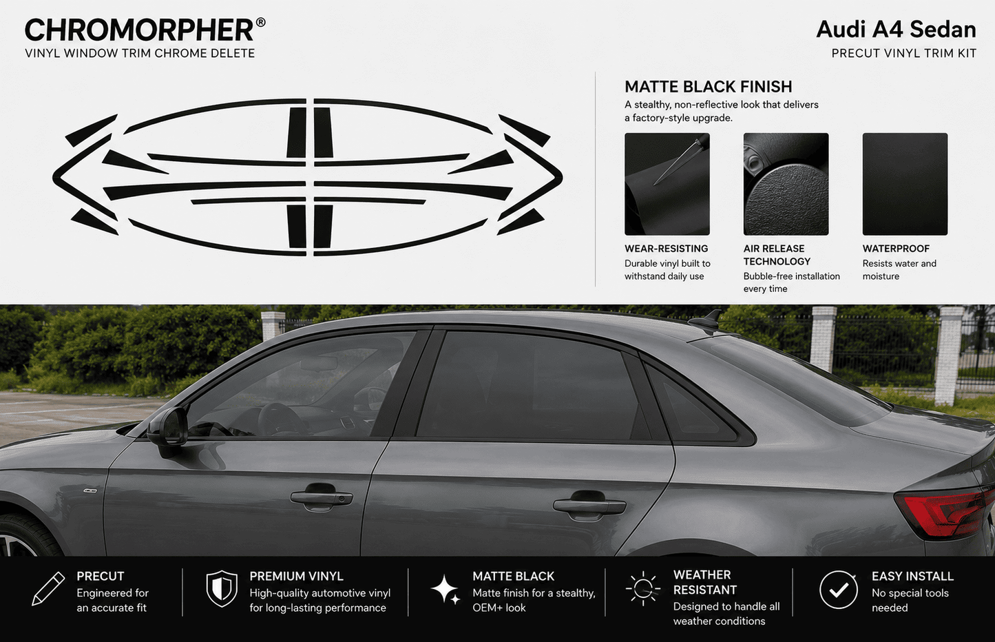 ChroMorpher Audi A4/S4 B9 Precut Chrome Delete Kit (2017–2025) - ChroMorpher
