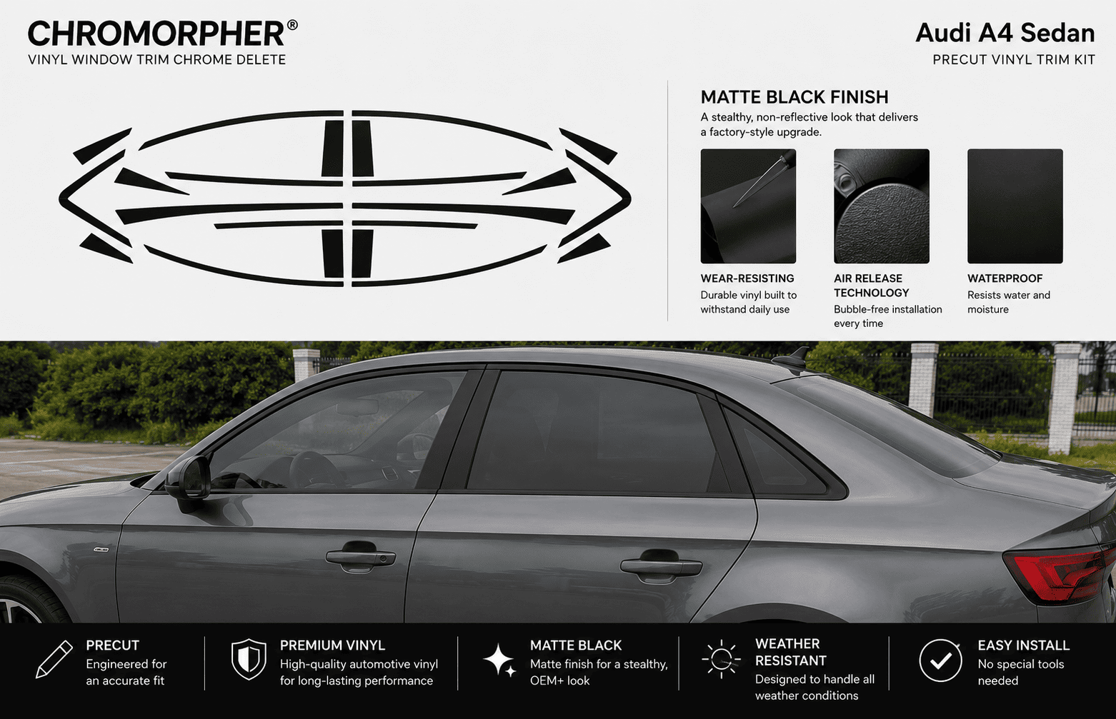 ChroMorpher Audi A4/S4 B9 Precut Chrome Delete Kit (2017–2025) - ChroMorpher