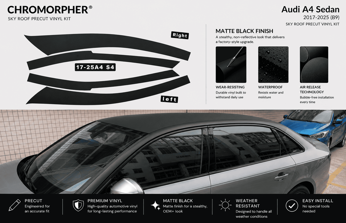 ChroMorpher Audi A4/S4 B9 Precut Chrome Delete Kit (2017–2025) - ChroMorpher