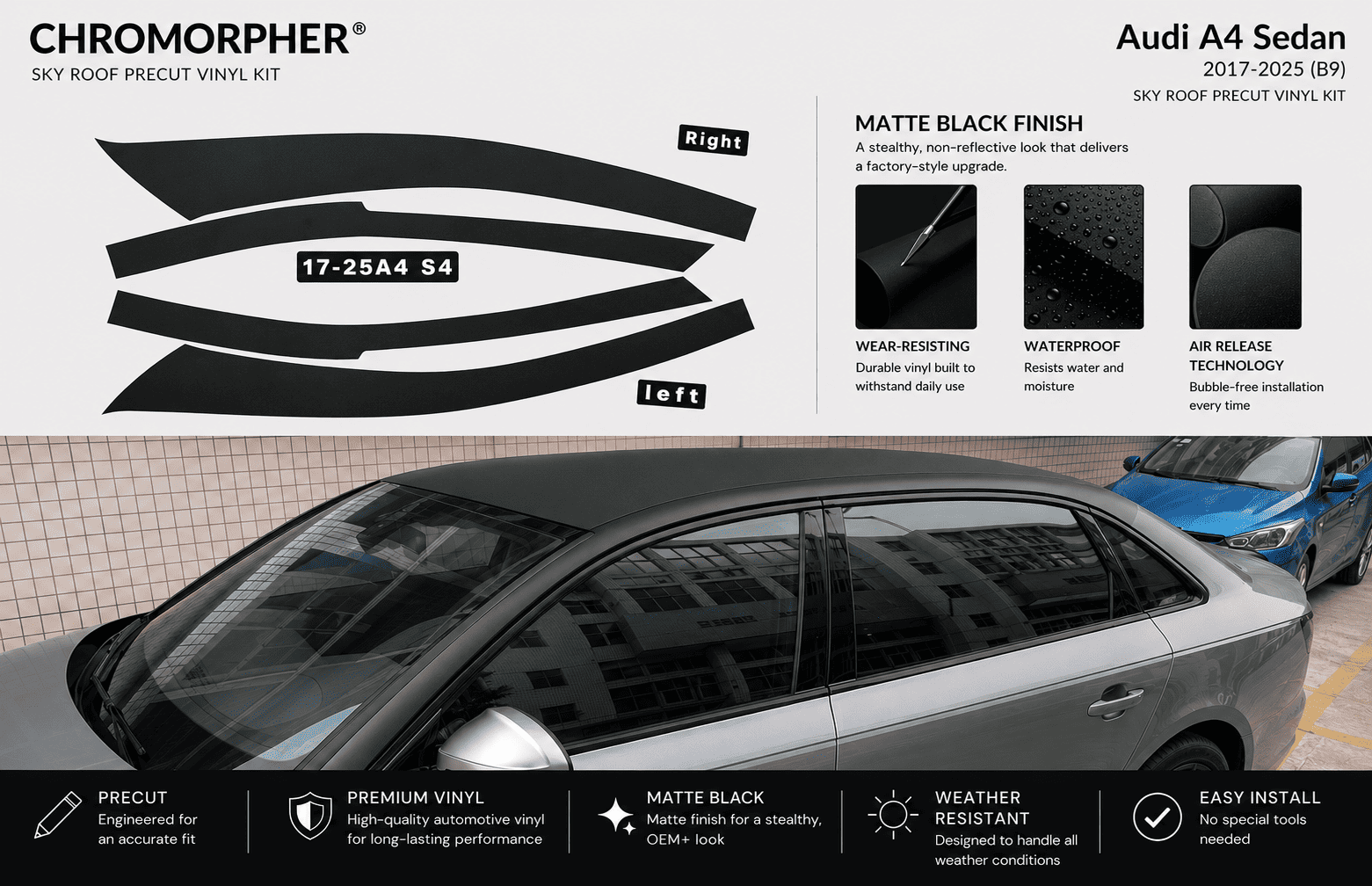 ChroMorpher Audi A4/S4 B9 Precut Chrome Delete Kit (2017–2025) - ChroMorpher