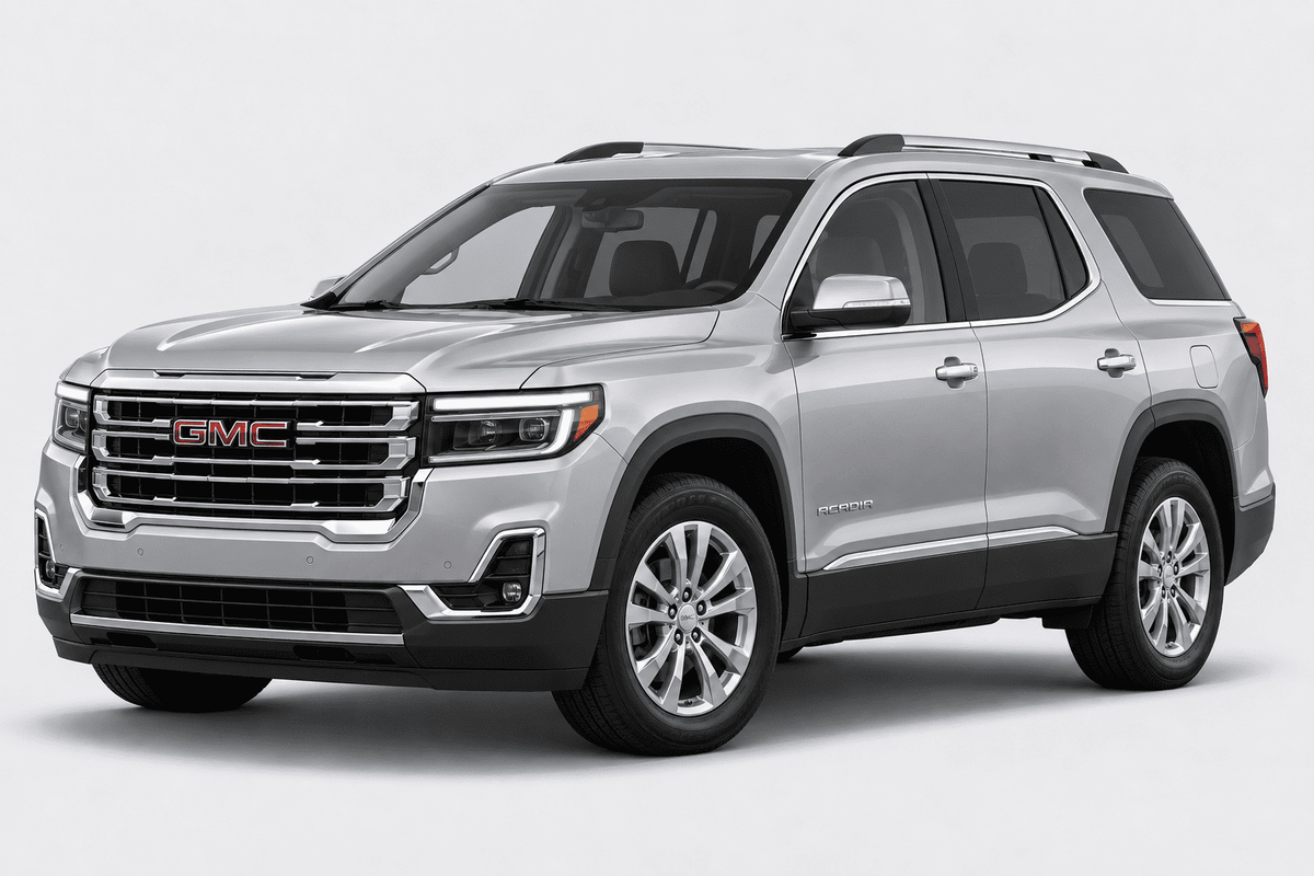A silver GMC SUV shown from a three-quarter front angle on a light gray studio background.