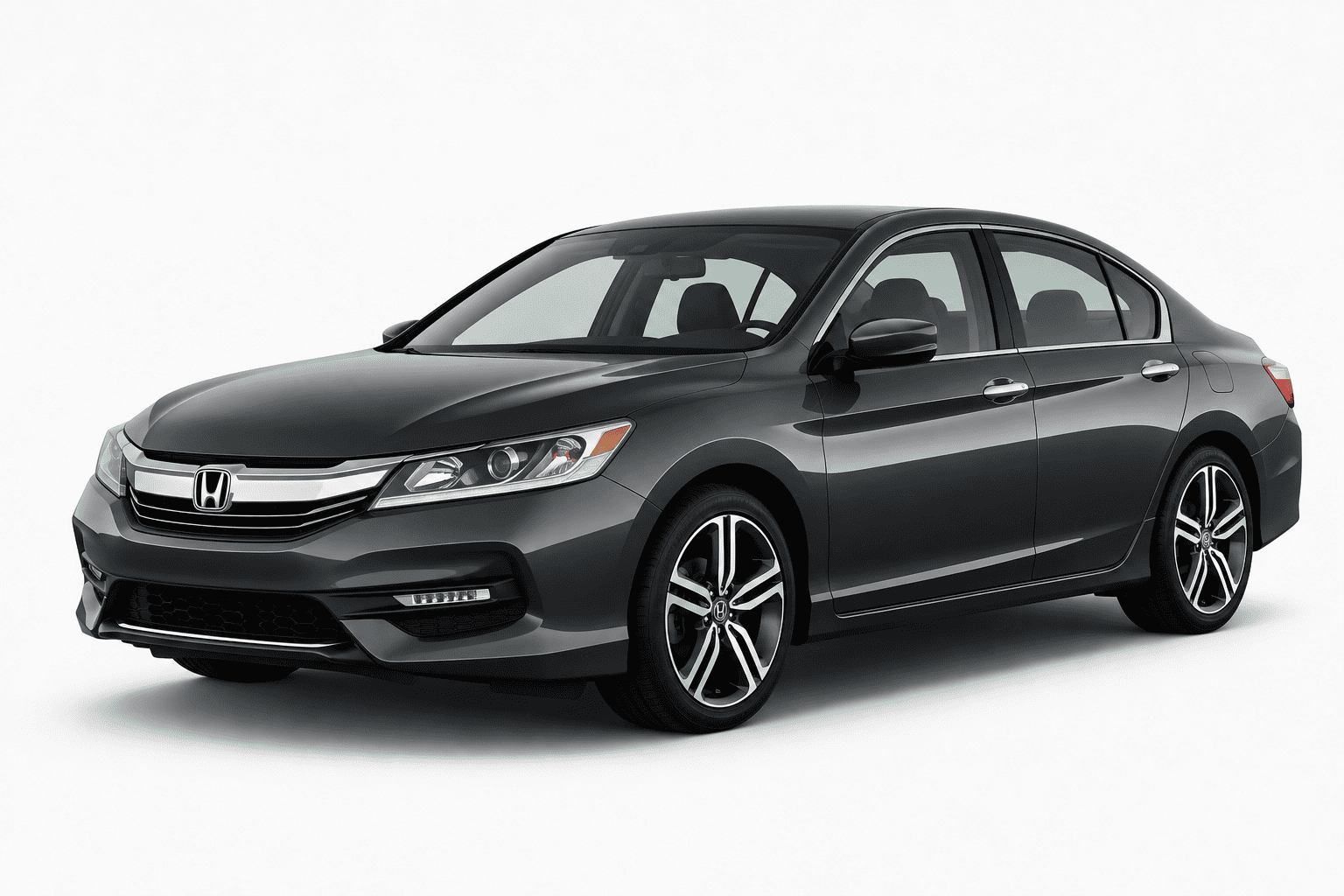 A dark gray Honda sedan photographed at a three-quarter front angle on a clean white studio background.