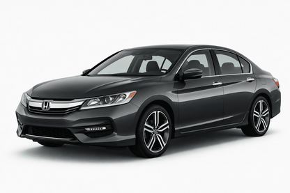 A dark gray Honda sedan photographed at a three-quarter front angle on a clean white studio background.