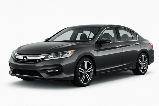 A dark gray Honda sedan photographed at a three-quarter front angle on a clean white studio background.