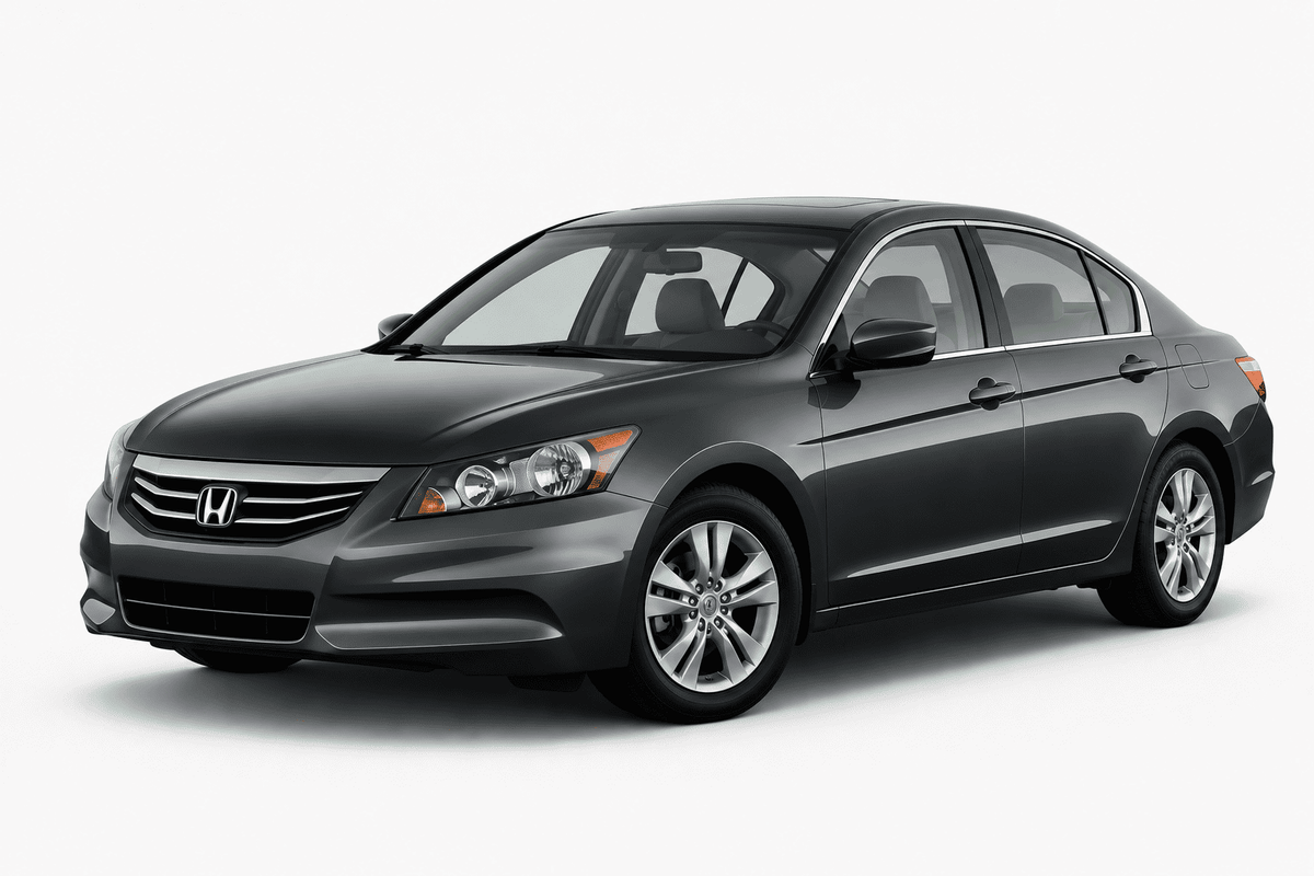 A dark gray Honda sedan photographed at a three-quarter front angle on a clean white studio background.