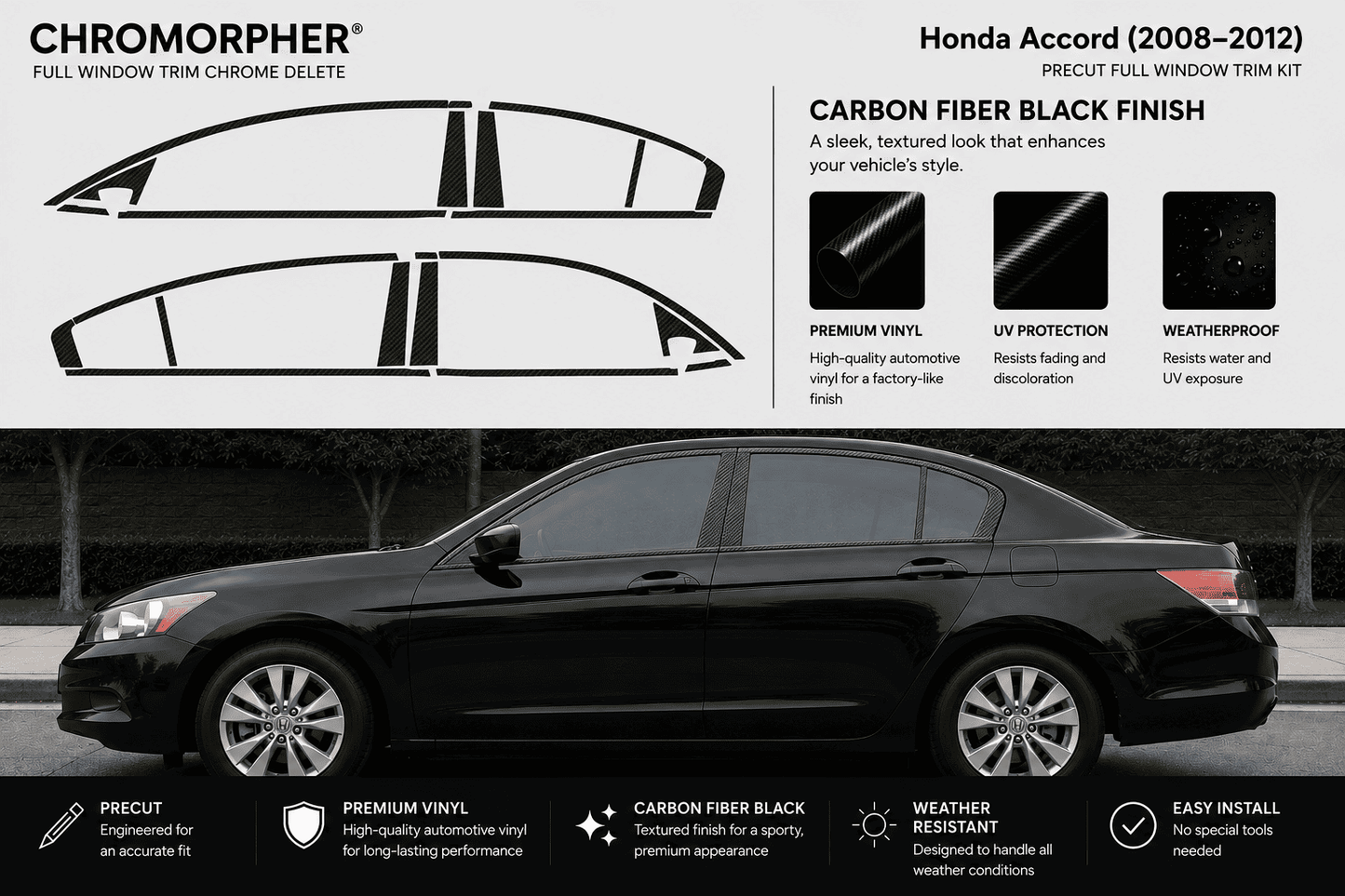 Chromorpher full window trim chrome delete kit for a Honda Accord (2008-2012) in a carbon fiber black finish. The image features a black sedan on a dark background with graphic cutout templates of the vinyl decal pieces on the top left, product feature callouts, and installation/feature icons at the bottom.