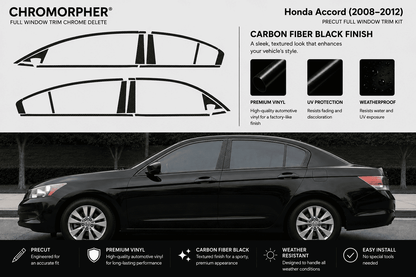 Chromorpher full window trim chrome delete kit for a Honda Accord (2008-2012) in a carbon fiber black finish. The image features a black sedan on a dark background with graphic cutout templates of the vinyl decal pieces on the top left, product feature callouts, and installation/feature icons at the bottom.