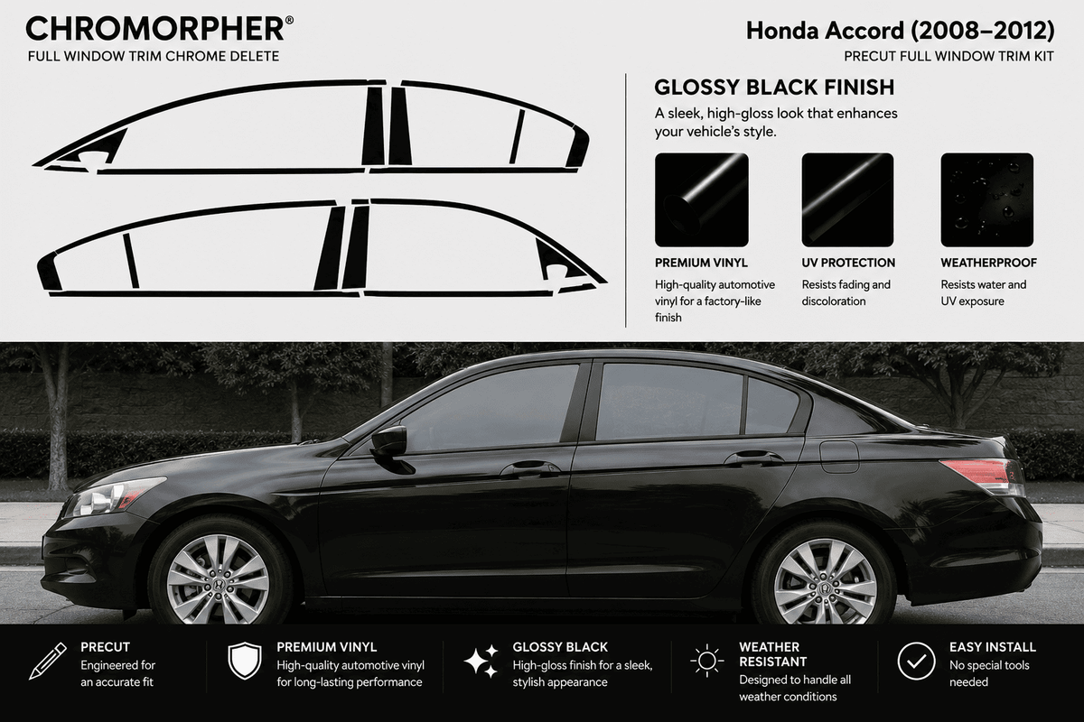 Honda Accord 2008-2012 full window trim chrome delete decal kit in glossy black finish. The image features a side profile of a black Honda Accord sedan with the decal outlines shown above, detailing the window trim shapes and product features.