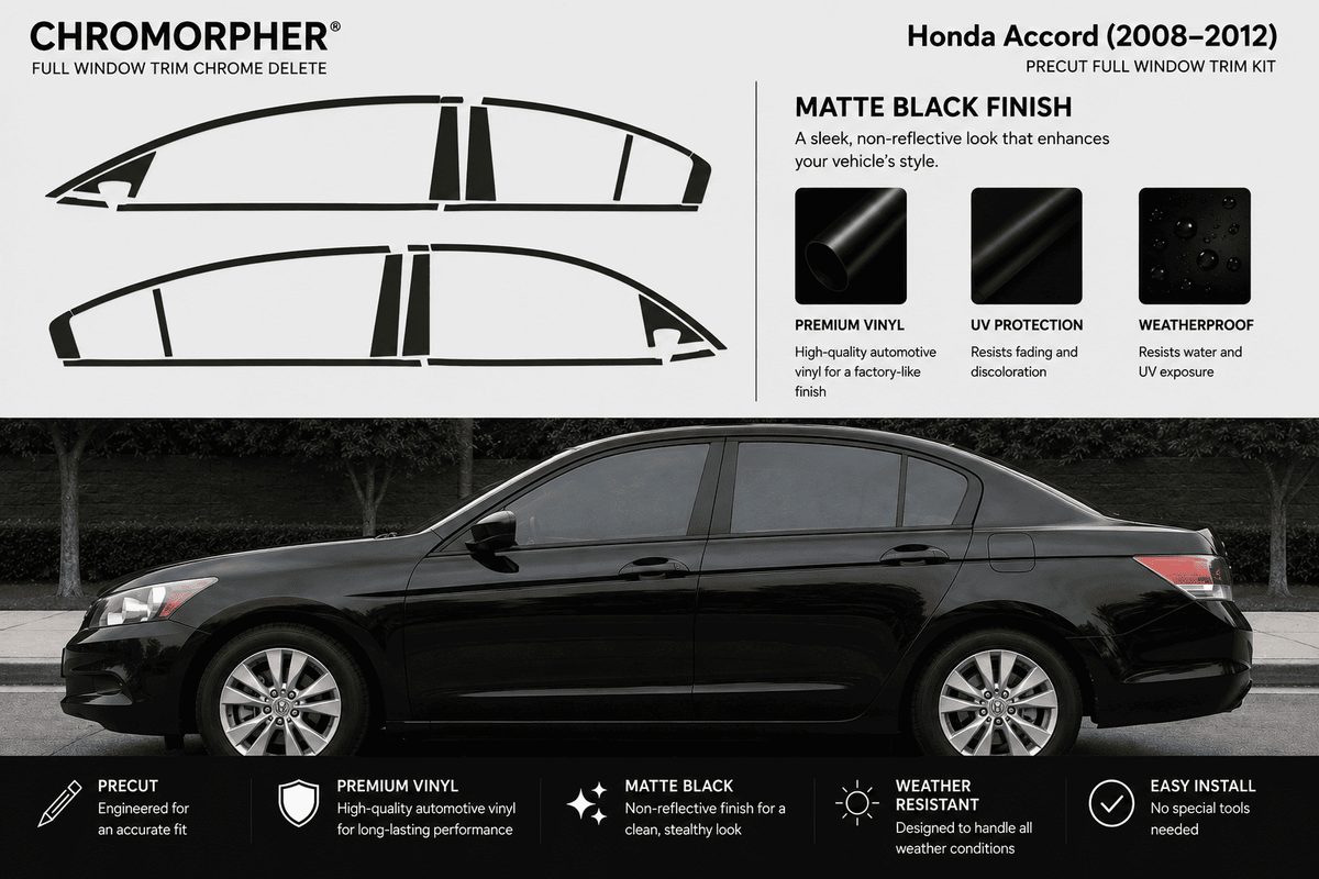 Honda Accord (2008-2012) full window trim chrome delete kit in matte black finish. The image shows the black car with cutout window line diagrams, product details, and feature icons on a light gray background.