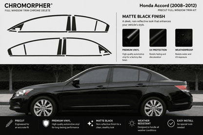 Honda Accord (2008-2012) full window trim chrome delete kit in matte black finish. The image shows the black car with cutout window line diagrams, product details, and feature icons on a light gray background.