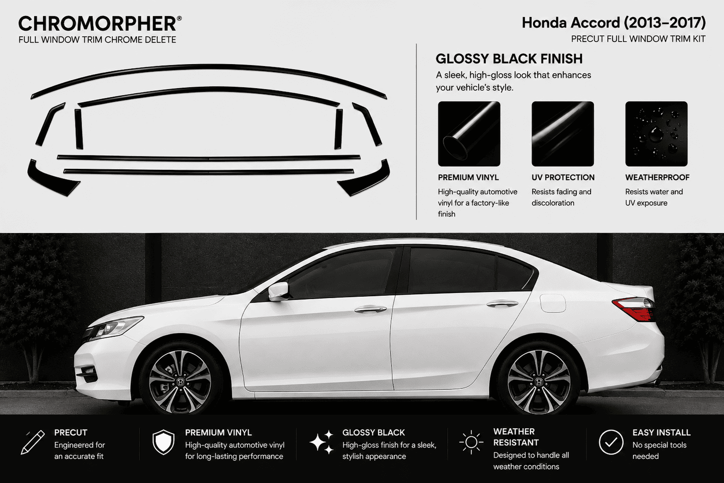 Chromorpher full window trim chrome delete kit for a Honda Accord (2013-2017) in glossy black finish. The image features a black line diagram of the trim cut lines at the top, product details, and a white Honda Accord sedan showing the installed result on a dark background.