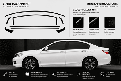 Chromorpher full window trim chrome delete kit for a Honda Accord (2013-2017) in glossy black finish. The image features a black line diagram of the trim cut lines at the top, product details, and a white Honda Accord sedan showing the installed result on a dark background.