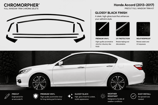 Chromorpher full window trim chrome delete kit for a Honda Accord (2013-2017) in glossy black finish. The image features a black line diagram of the trim cut lines at the top, product details, and a white Honda Accord sedan showing the installed result on a dark background.