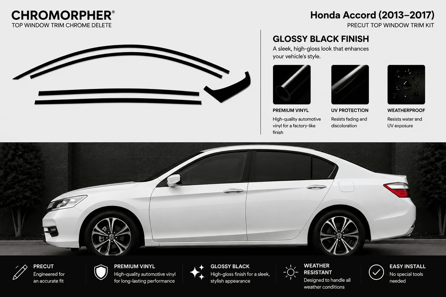 Chromorphor Honda Accord glossy black top window trim kit shown on a white car side profile, with feature callouts and product icons on a light gray background.