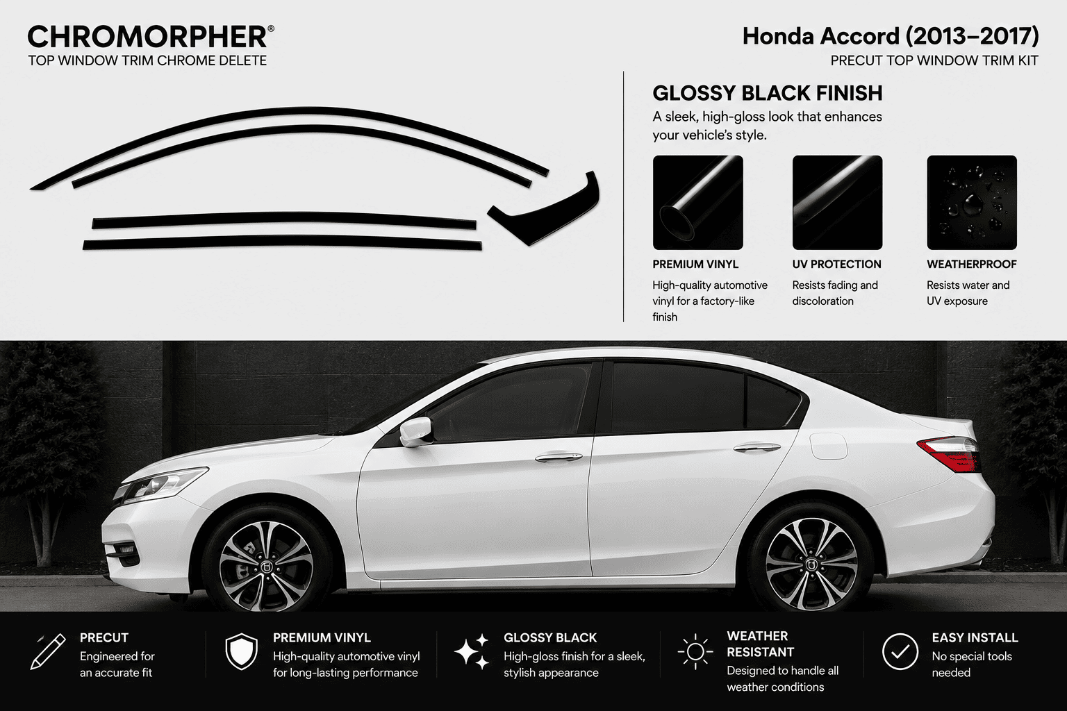Chromorphor Honda Accord glossy black top window trim kit shown on a white car side profile, with feature callouts and product icons on a light gray background.