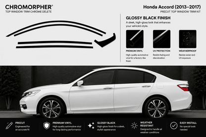 Chromorphor Honda Accord glossy black top window trim kit shown on a white car side profile, with feature callouts and product icons on a light gray background.