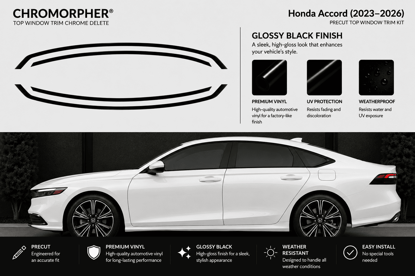 Honda accord 2023-2026 glossy black precut chrome delete product layout with information.