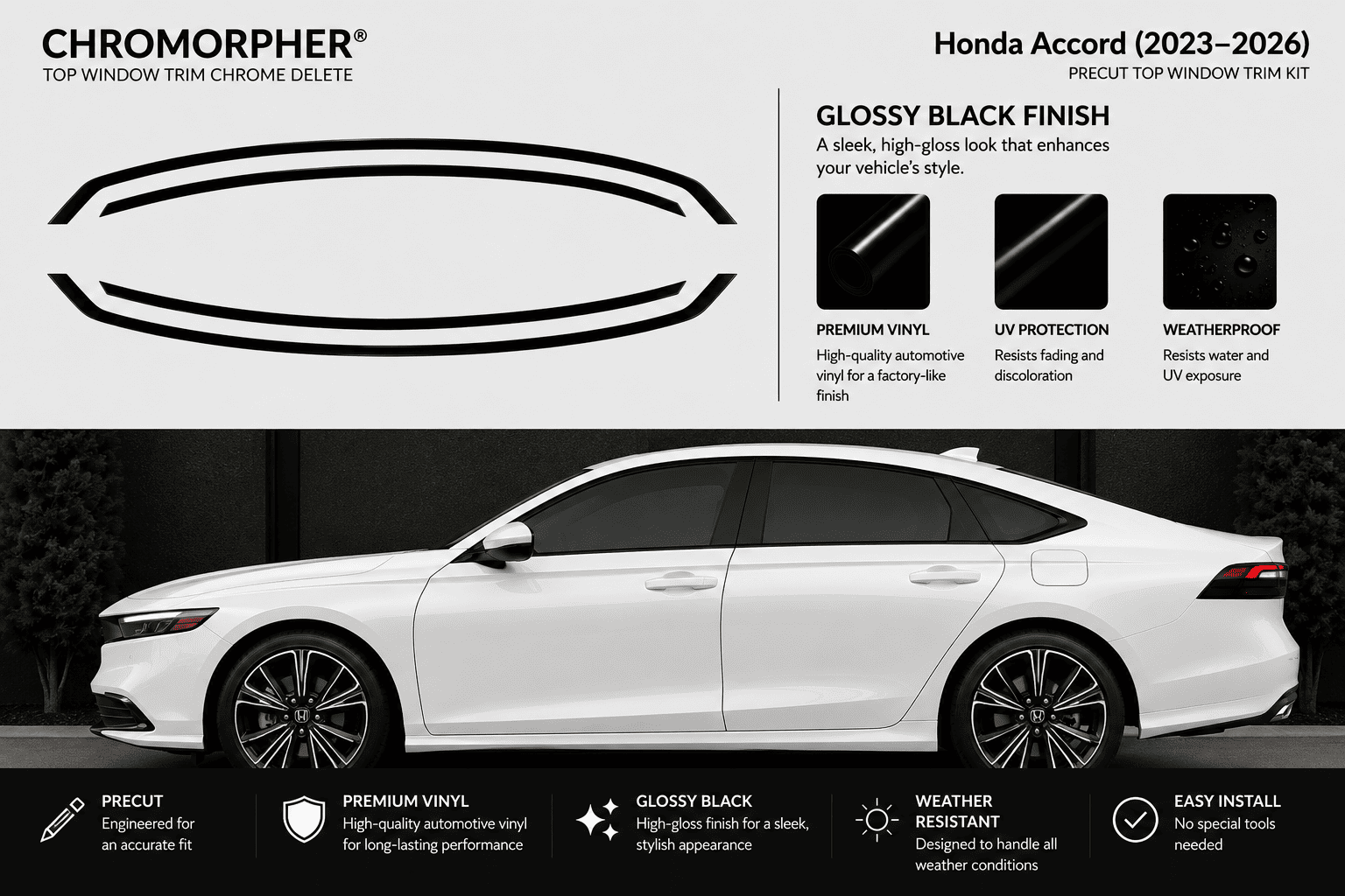 Honda accord 2023-2026 glossy black precut chrome delete product layout with information.