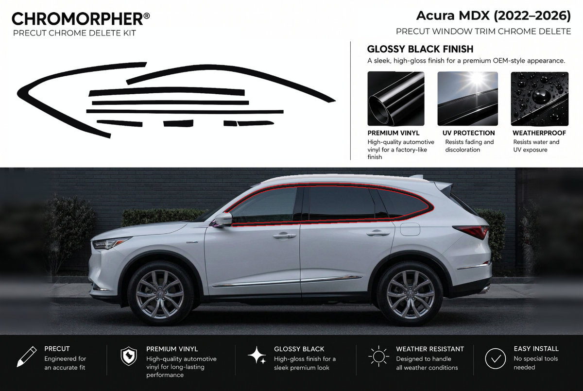 ChroMorpher Acura MDX window trim precut chrome delete kit (2022–2026) showing the precut vinyl pieces and the trim area outlined in red.