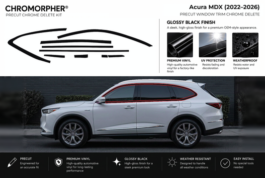 ChroMorpher Acura MDX window trim precut chrome delete kit (2022–2026) showing the precut vinyl pieces and the trim area outlined in red.