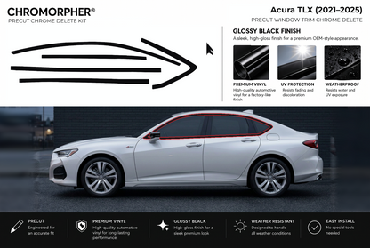 ChroMorpher Acura TLX window trim precut chrome delete kit (2021–2025) showing the precut vinyl pieces and the trim area outlined in red.