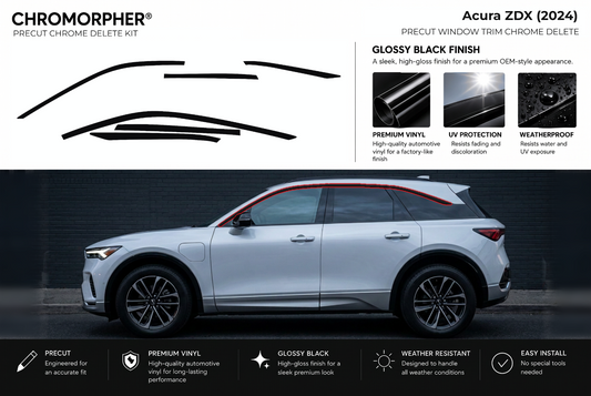 ChroMorpher Acura ZDX window trim precut chrome delete kit (2024) showing the precut vinyl pieces and the trim area outlined in red.