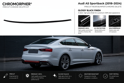 ChroMorpher Audi A5 Sportback rear bumper precut chrome delete kit (2018–2024) showing the precut vinyl pieces and the trim area outlined in red.