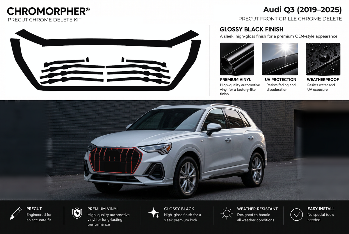 ChroMorpher Audi Q3 front precut chrome delete kit (2019–2025) showing the precut vinyl pieces and the trim area outlined in red.