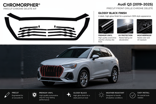 ChroMorpher Audi Q3 front precut chrome delete kit (2019–2025) showing the precut vinyl pieces and the trim area outlined in red.