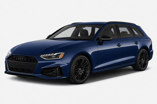 A dark blue Audi station wagon with black wheels and trim, photographed from a three-quarter front angle on a light gray studio background.