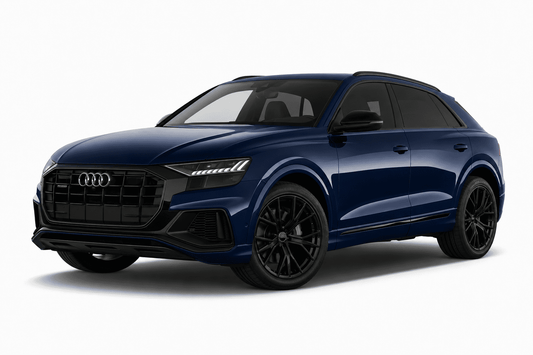 Audi Q8 SUV in a deep metallic blue color with a black grille, black side mirrors, and black multi-spoke wheels, photographed from a three-quarter front angle on a clean white background.