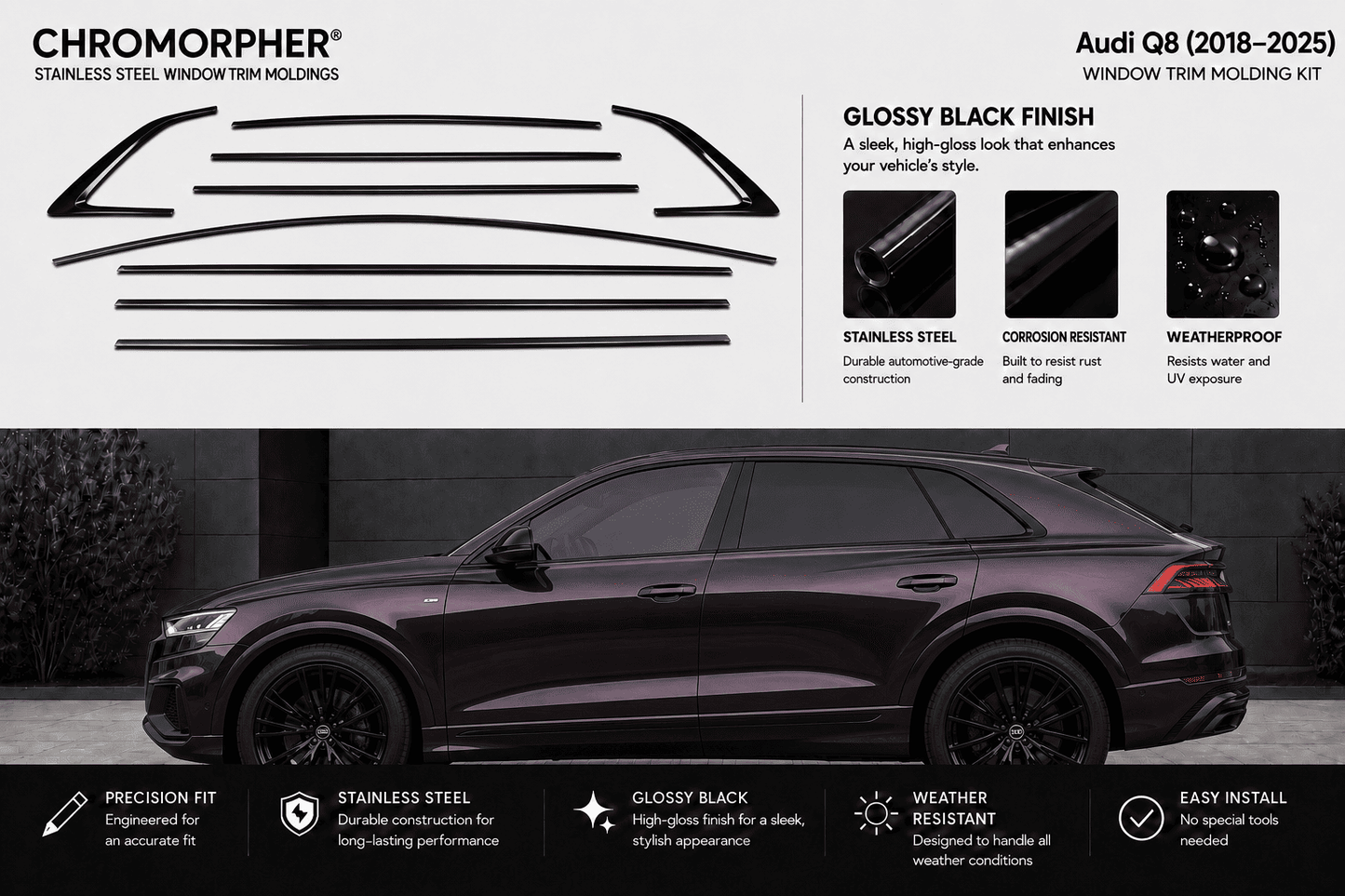 A promotional product graphic for an Audi Q8 2018-2025 Chromorpher window trim molding kit in glossy black finish. The top half shows the black trim pieces and feature callouts on a light gray background, while the bottom half shows a dark metallic purple-black side view of an Audi Q8 in a real-looking setting with feature icons along the bottom.