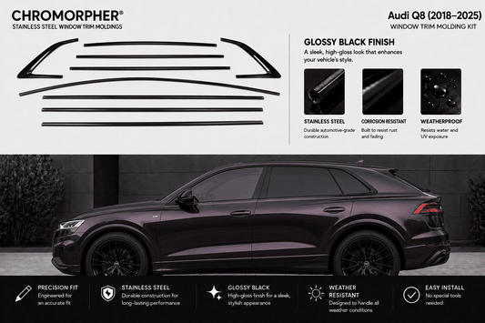 A promotional product graphic for an Audi Q8 2018-2025 Chromorpher window trim molding kit in glossy black finish. The top half shows the black trim pieces and feature callouts on a light gray background, while the bottom half shows a dark metallic purple-black side view of an Audi Q8 in a real-looking setting with feature icons along the bottom.