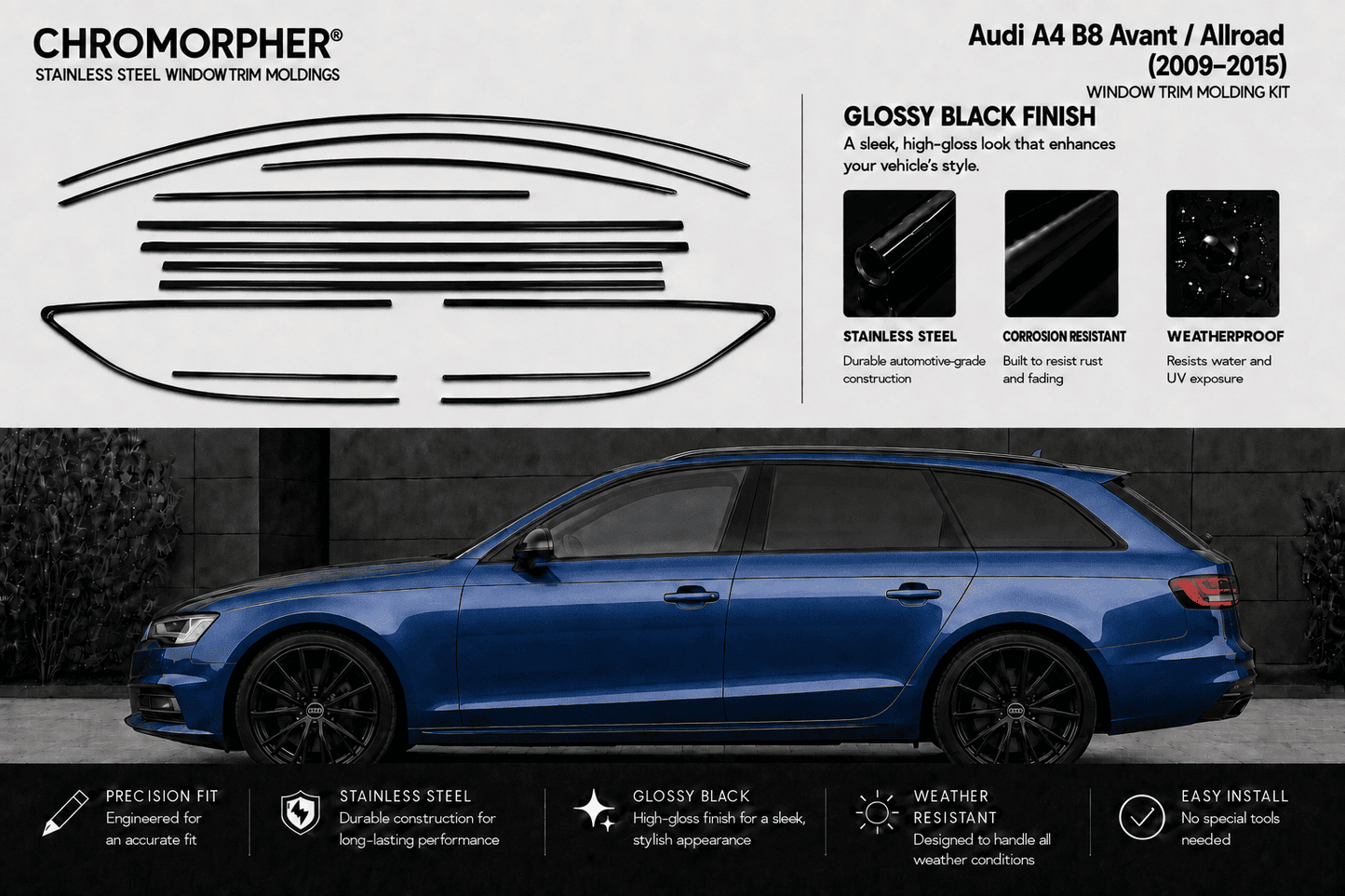 A chrome-morpher window trim molding kit for Audi A4 A4 Avant and A4 Allroad (2009-2015), featuring a gloss black finish stainless steel window trim pieces shown on a white background above a blue side-profile car on a dark gray background.