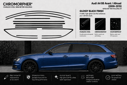 A chrome-morpher window trim molding kit for Audi A4 A4 Avant and A4 Allroad (2009-2015), featuring a gloss black finish stainless steel window trim pieces shown on a white background above a blue side-profile car on a dark gray background.